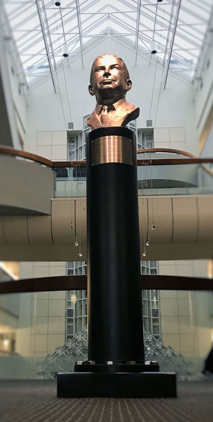 Stainless steel bust of LS Sam Skaggs installed at the Scripps Research Institute, La Jolla. Commissioned sculpture by Richard Becker