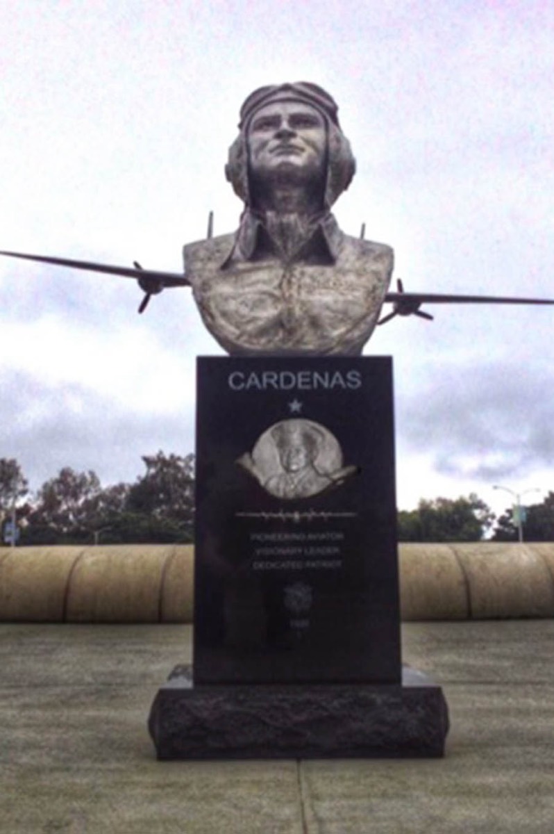 Bust monument of Brig Gen Cardenas in Balboa Park San Diego. Commission statue stainless steel and granite by Richard Becker