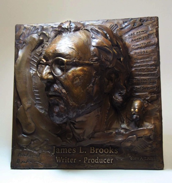 James L Brooks plaque for Emmys with Homer Simspson on his shoulder