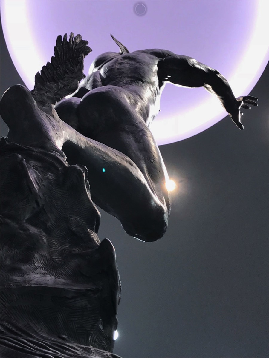 Detail of stainless steel Mercury sculpture at the Los Angeles Athletic Club