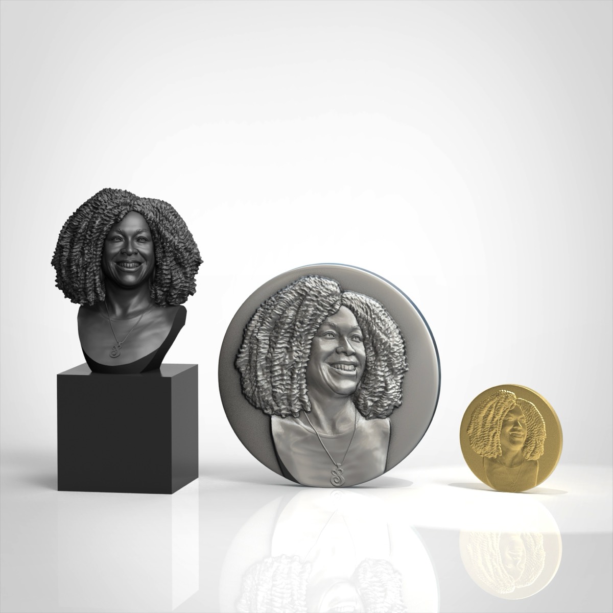 Digital renders of extra pieces from commission sculpture: Award, medallion, coin concepts