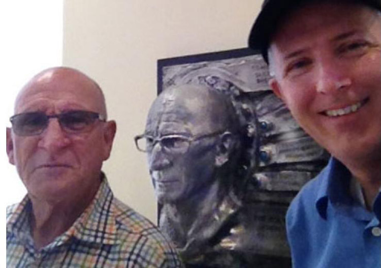 Richard with Dr. Peter Farrell with stainless steel and azurite sculpture. ResMed Headquarters Lobby San Diego