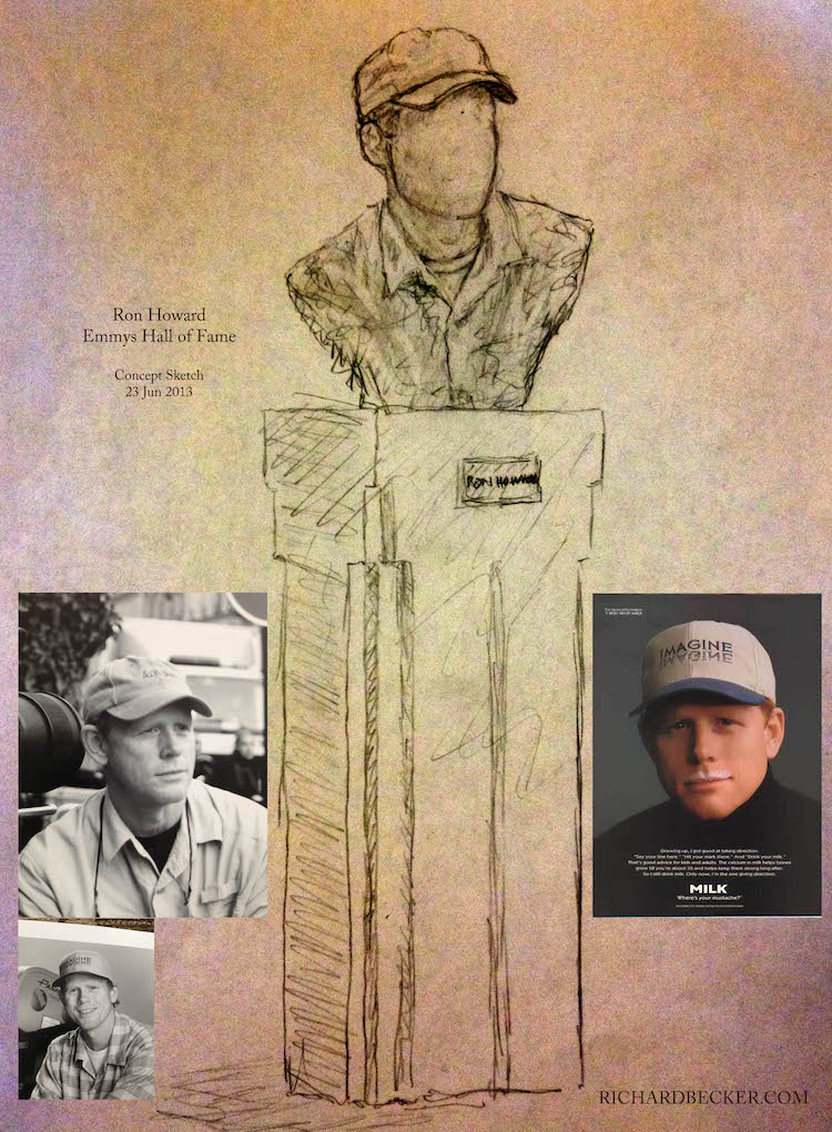 Preliminary design sketch of Ron Howard's bronze bust based on his chosen photos and desires.
