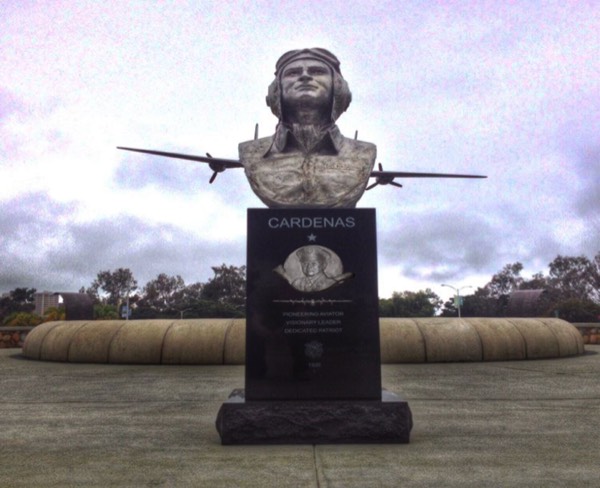 Gen. Robert L Cardenas stainless steel bust on granite base with bas relief. San Diego Balboa Park by Sculptor Richard Becker