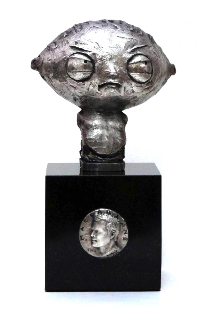 Stainless sculpture bust of Stewie Griffin with bas relief or Seth MacFarlane. Commissioned gift from Fox
