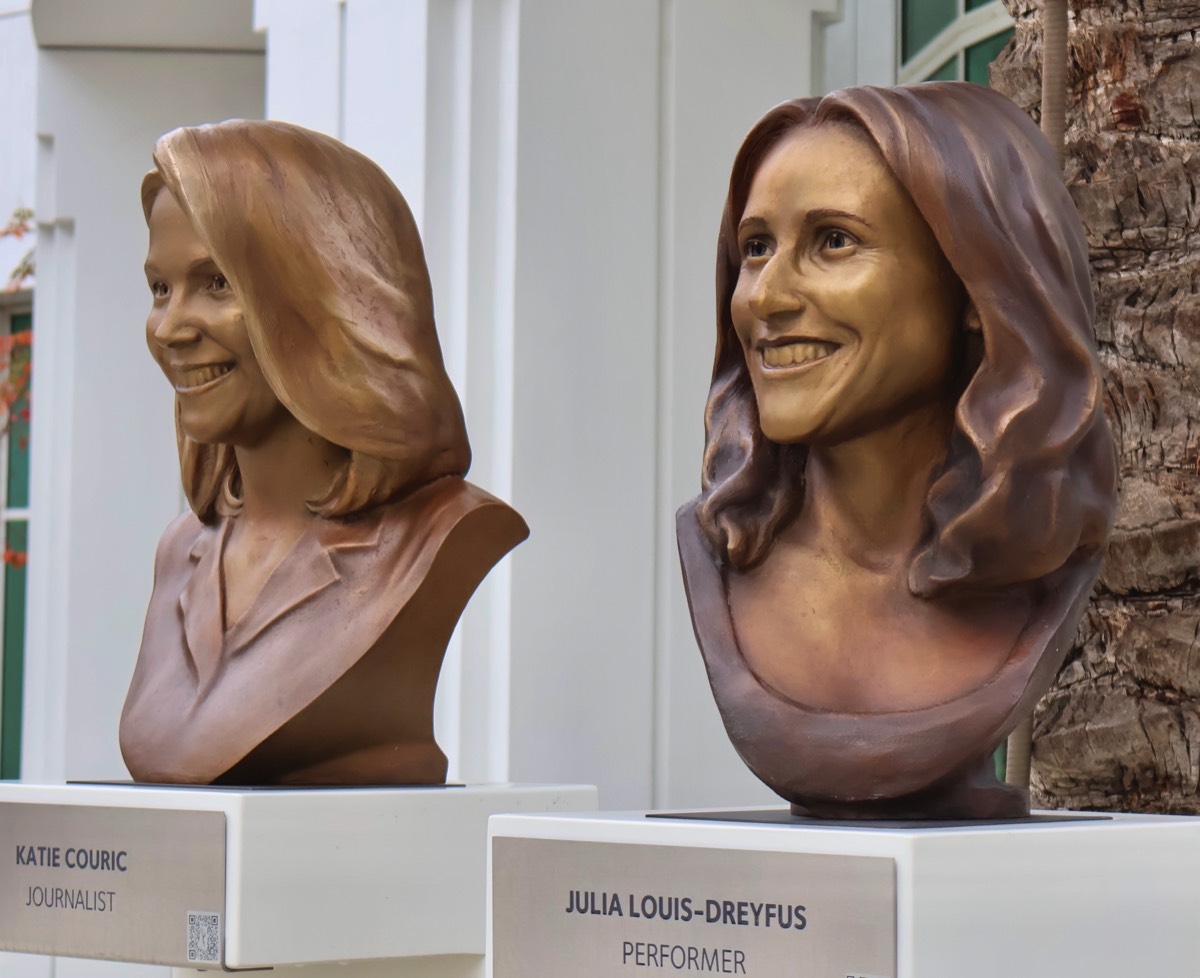 "Bronze portrait busts of Katie Couric and Julia Louis Dreyfus by sculptor Richard Becker for the Television Academy Hall of Fame in North Hollywood California"