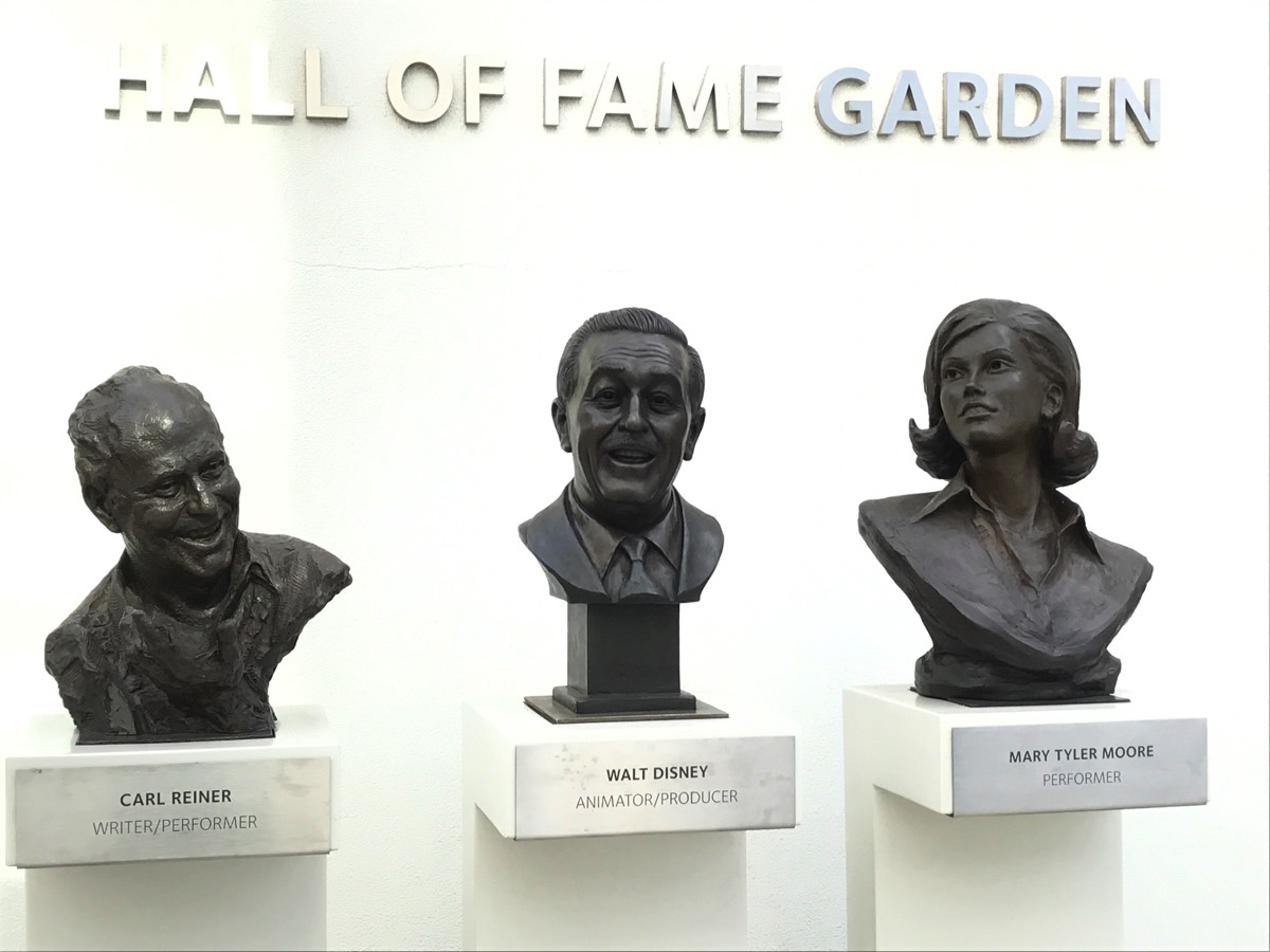 Bronze busts of Mary Tyler Moore Walt Disney and Carl Reiner at Emmys Garden