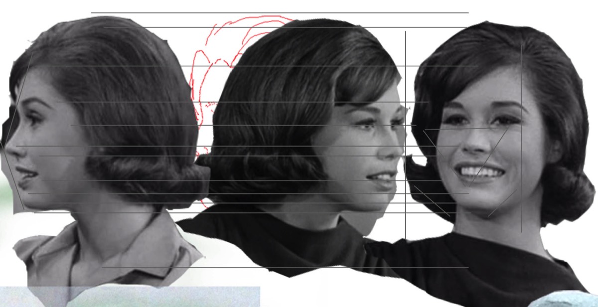 Headshots of Mary Tyler Moore arranged for sculpting her bust
