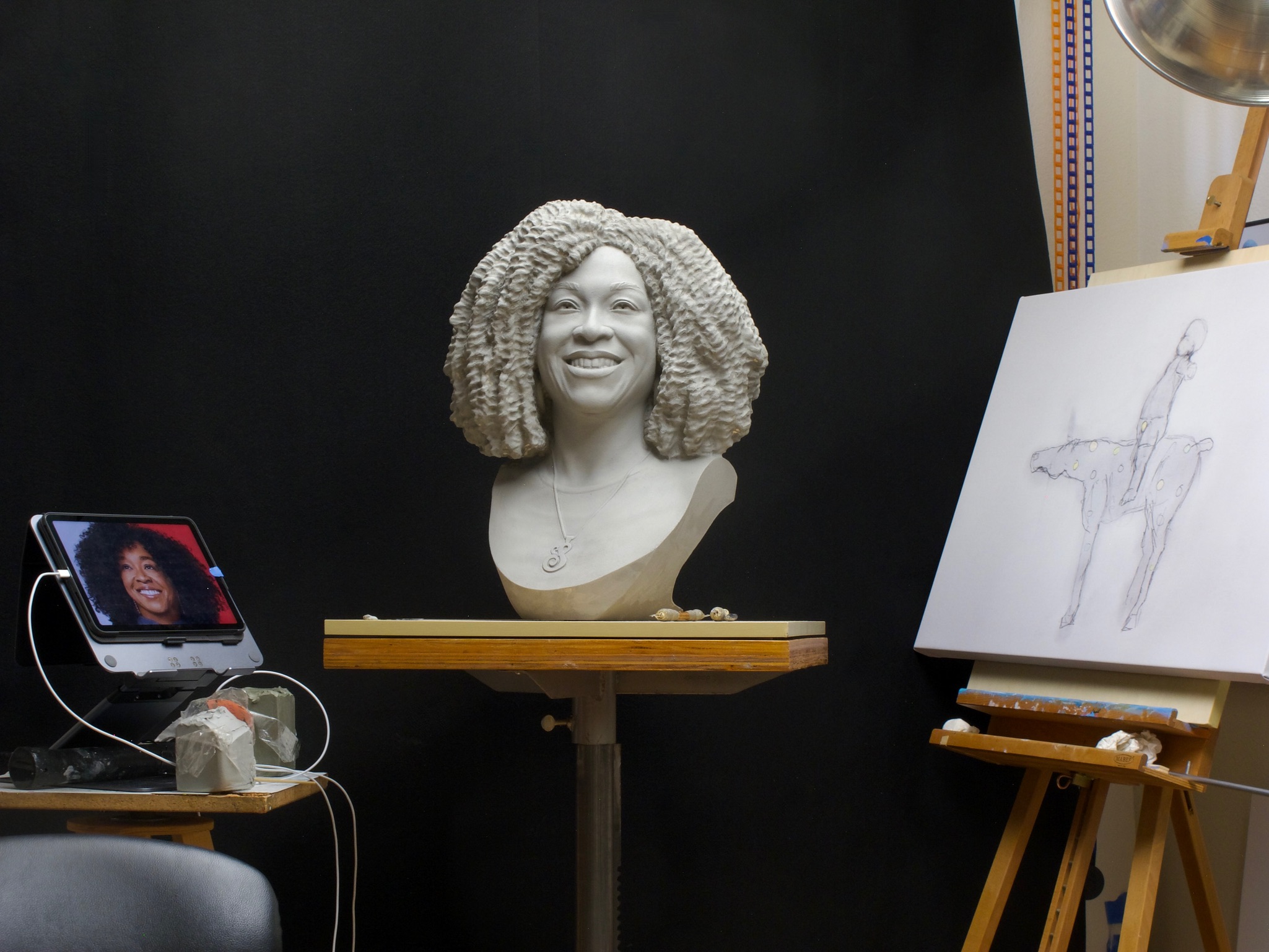 Shonda Rhimes bust being sculpted by Richard becker for television academy