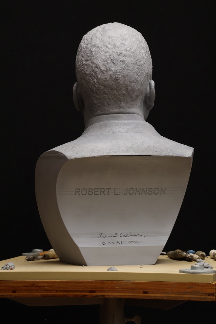 Bob Johnson bust in clay for Television Academy HoF. Rear View. Commission Sculpture by Richard Becker, FNSS, San Diego