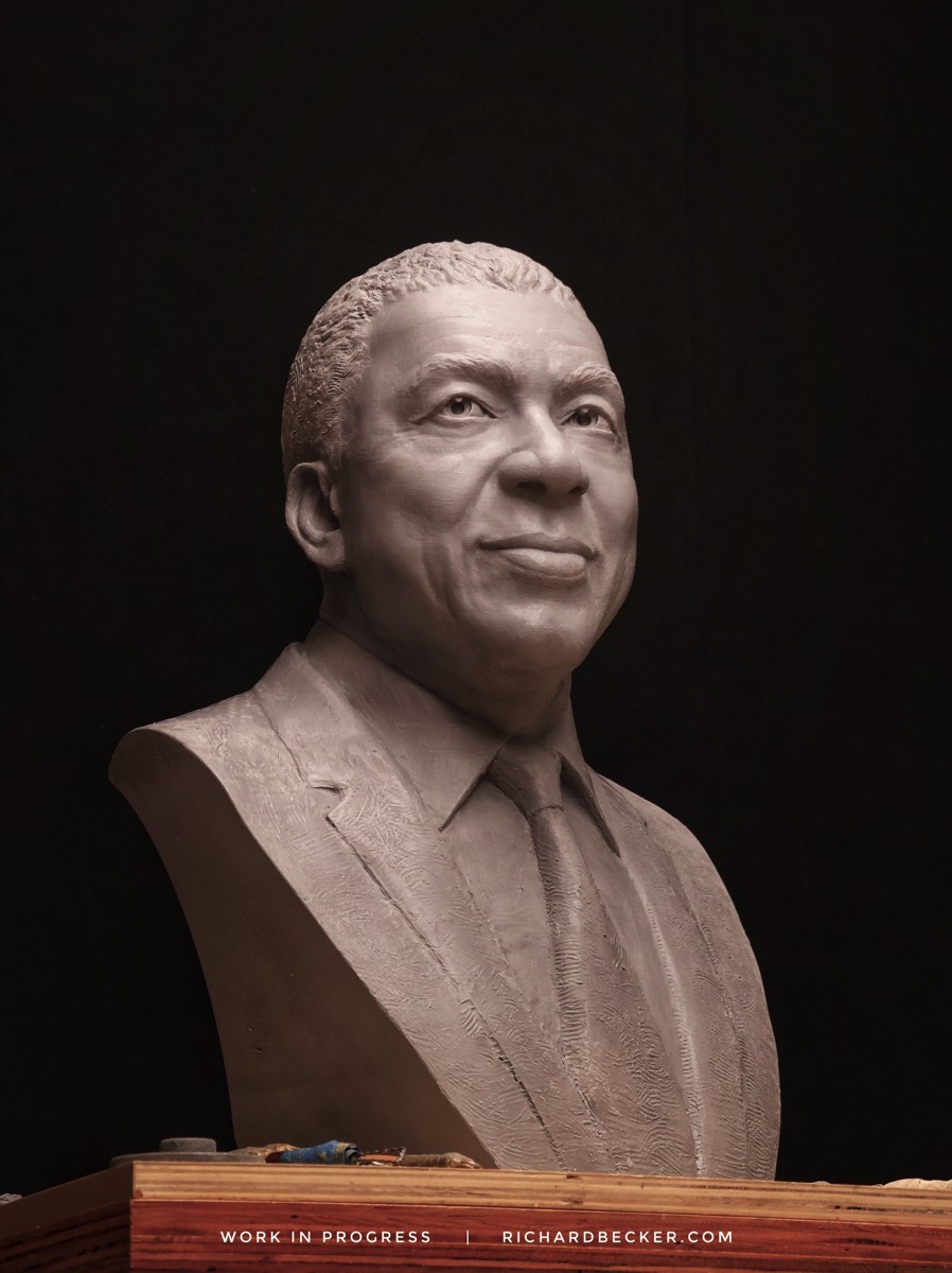 Bob Johnson bust in clay for Television Academy Hall of Fame. Commission Sculpture by Richard Becker, FNSS, San Diego