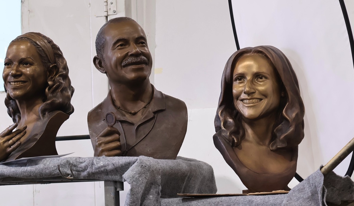 Hall of Fame Busts of Debbie Allen, Donald A. Morgan and Julia Louis-Dreyfus cooling off post-patina at foundry.  By commission sculptor Richard Becker, FNSS