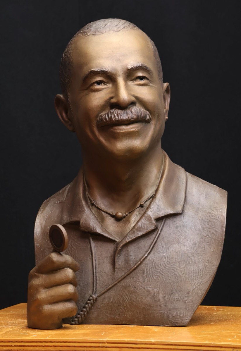 Bronze bust of Donald A. Morgan, ASC by commission sculptor Richard Becker, FNSS. Pre installation. view in the studio, Poway, CA