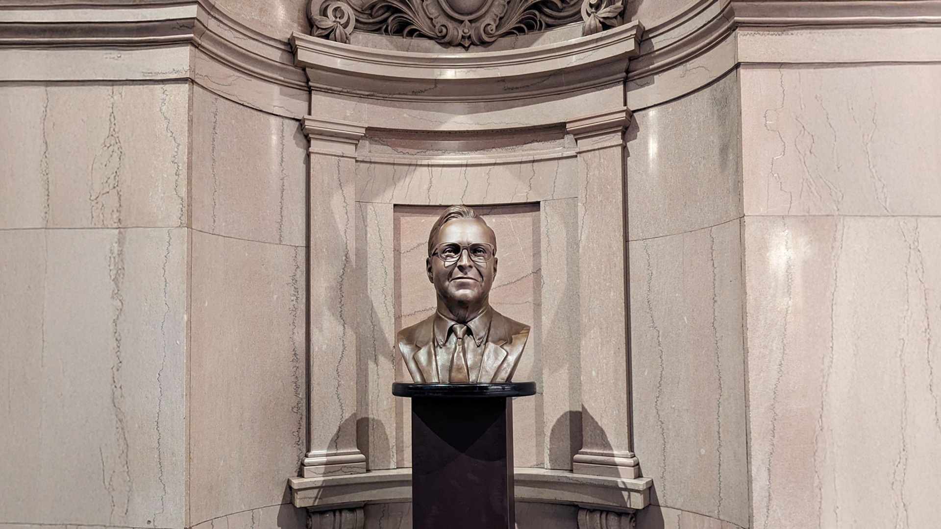 James C. Flood bronze portrait bust installed in architectural niche, San Francisco